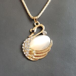 BIJOUX by MEERA Gold Swan Pearlesque Crystal Pendant Long Necklace